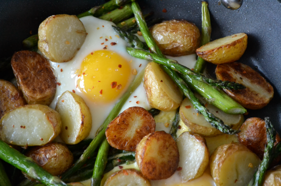 Baked Eggs with Roast new potatoes and asparagus